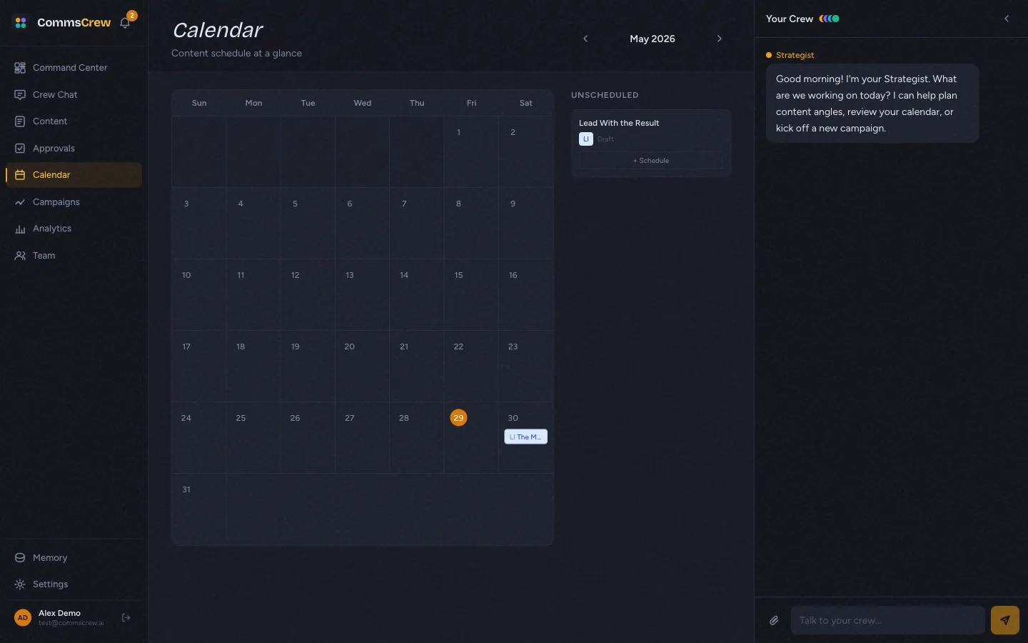 The calendar view — current month with scheduled items + unscheduled sidebar