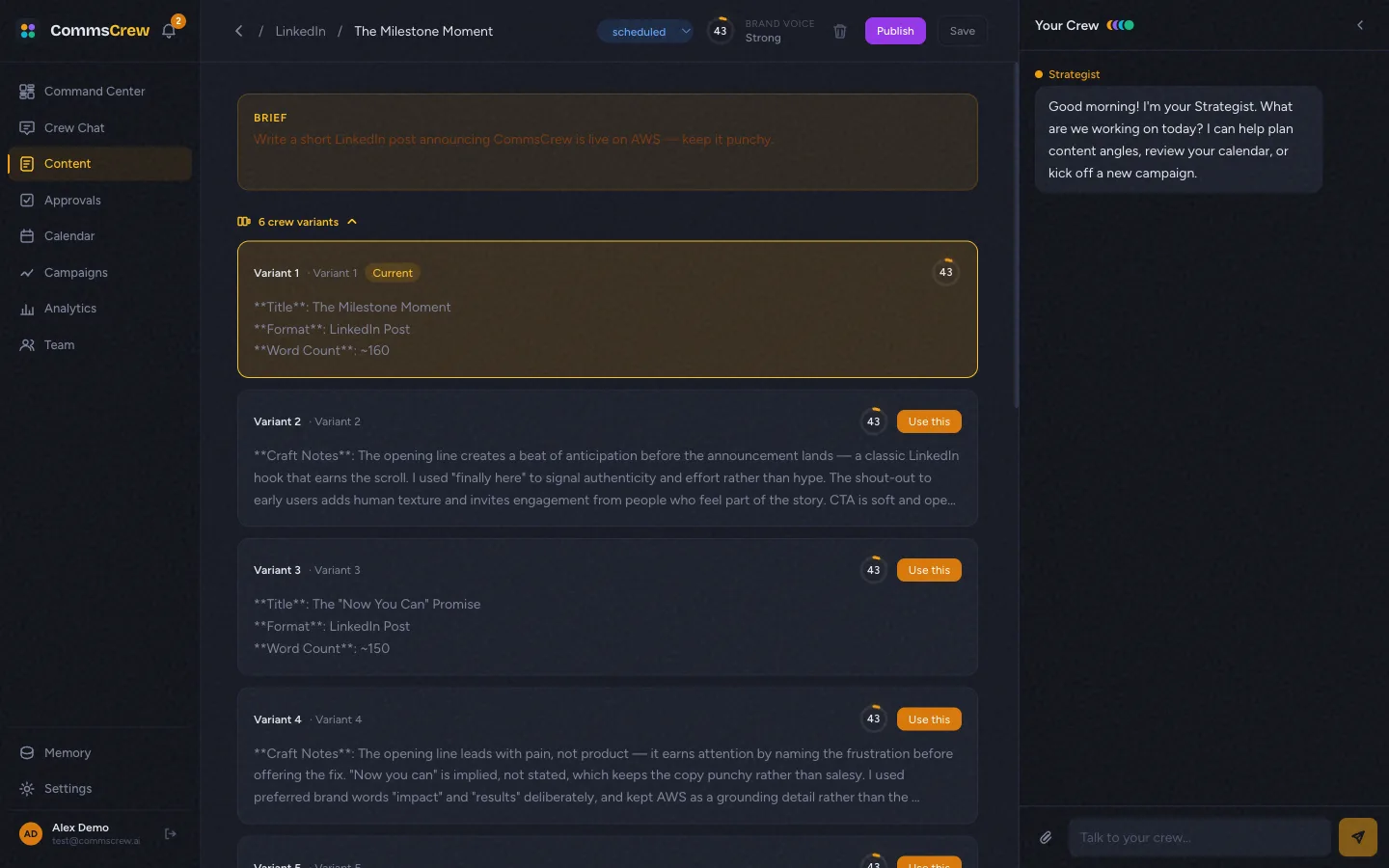 Content detail — top bar with brand voice ring-3 + Schedule / Publish buttons