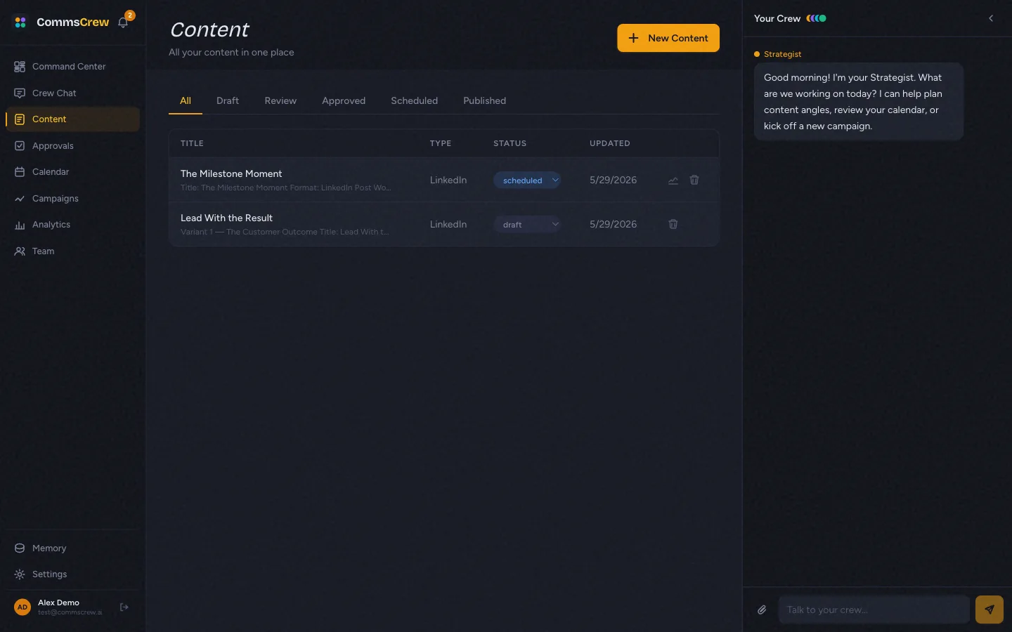 The content list with sticky header + status filter tabs