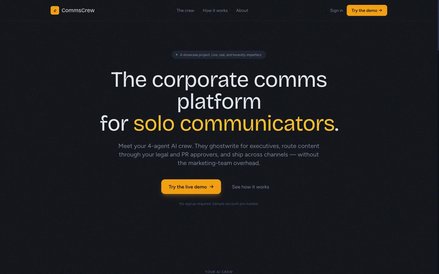 The marketing landing at commscrew.genmindz.ai/