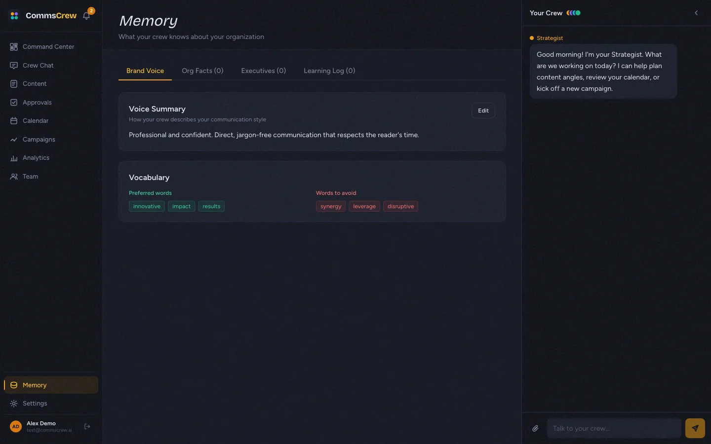 The Memory page — Brand Voice tab