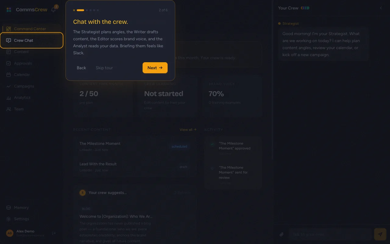 Step 2 of 6 — spotlighting the Crew Chat sidebar item