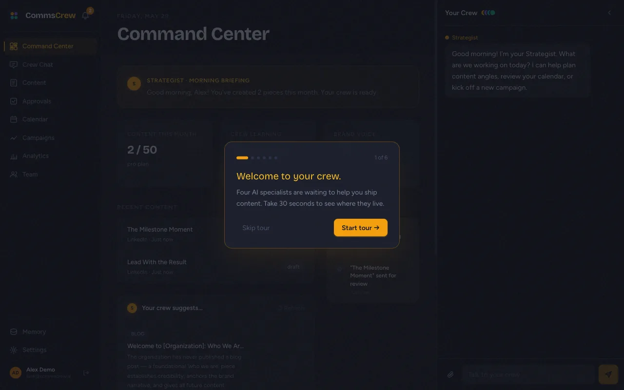 Step 1 of 6 — welcome modal (centered)